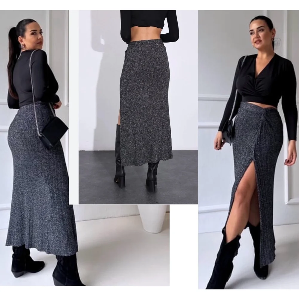 Zara black silver thread knit skirt side twist knot high slit Sz S NWOT